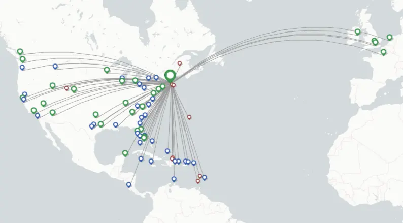 Flight route map for JetBlue departing from Boston